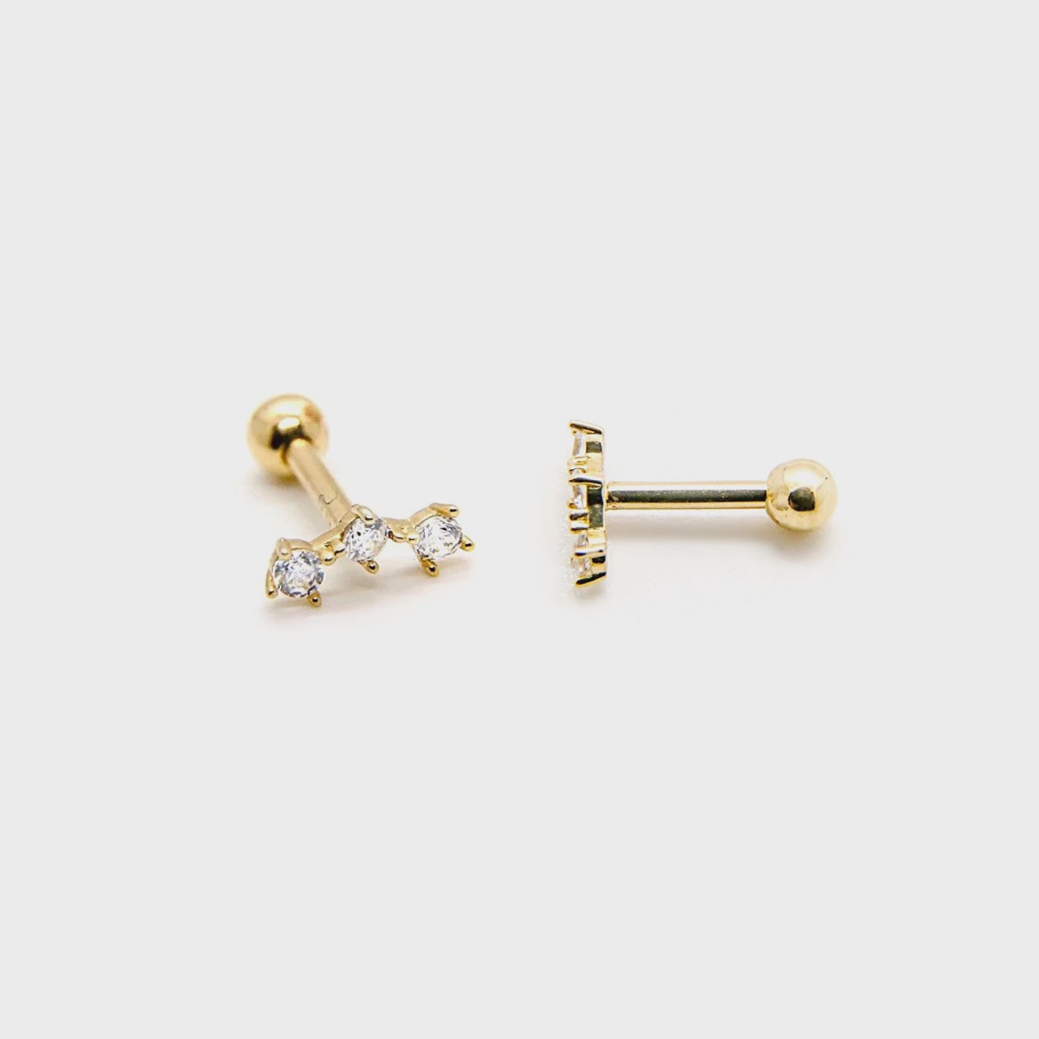 Curved Triple CZ Stone Flat Back Studs | 18k Gold