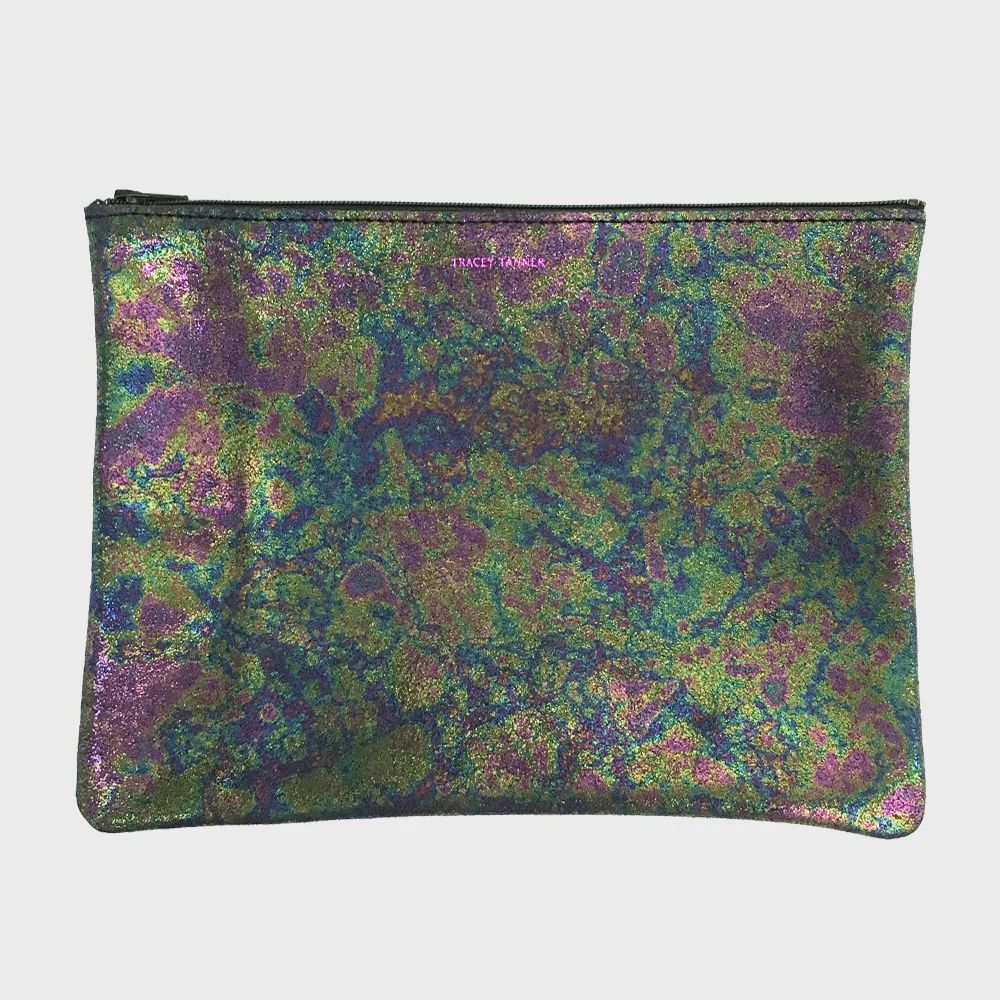 large leather pouch | sparkle oil slick
