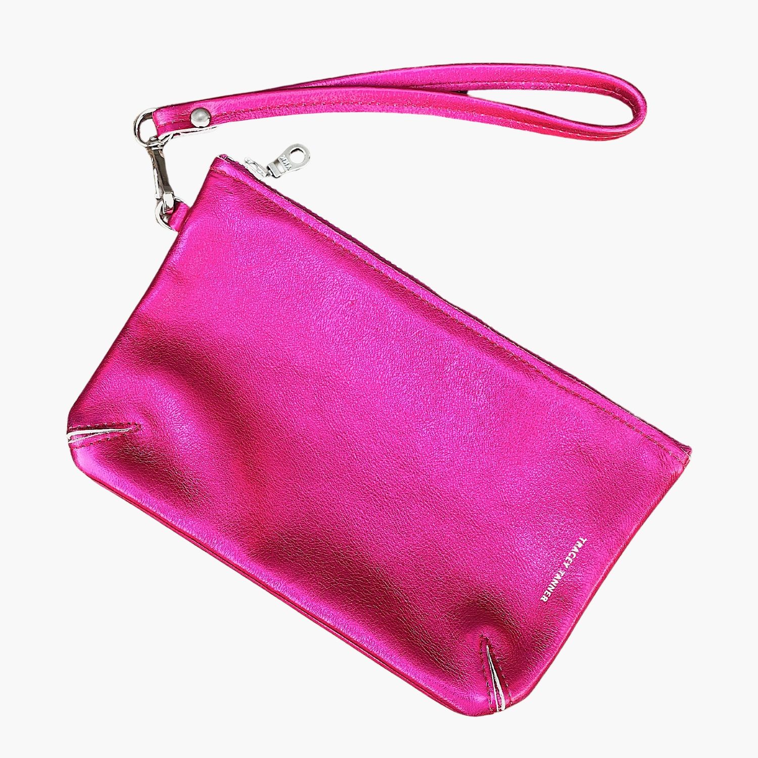 small leather wristlet | hologram fuchsia