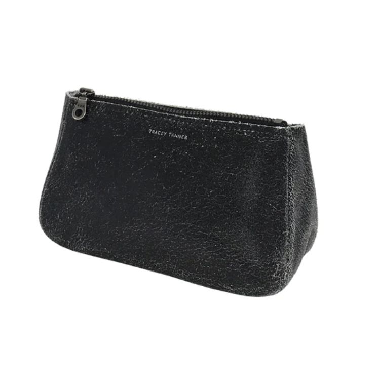 small roomy zip pouch | distressed black with tin