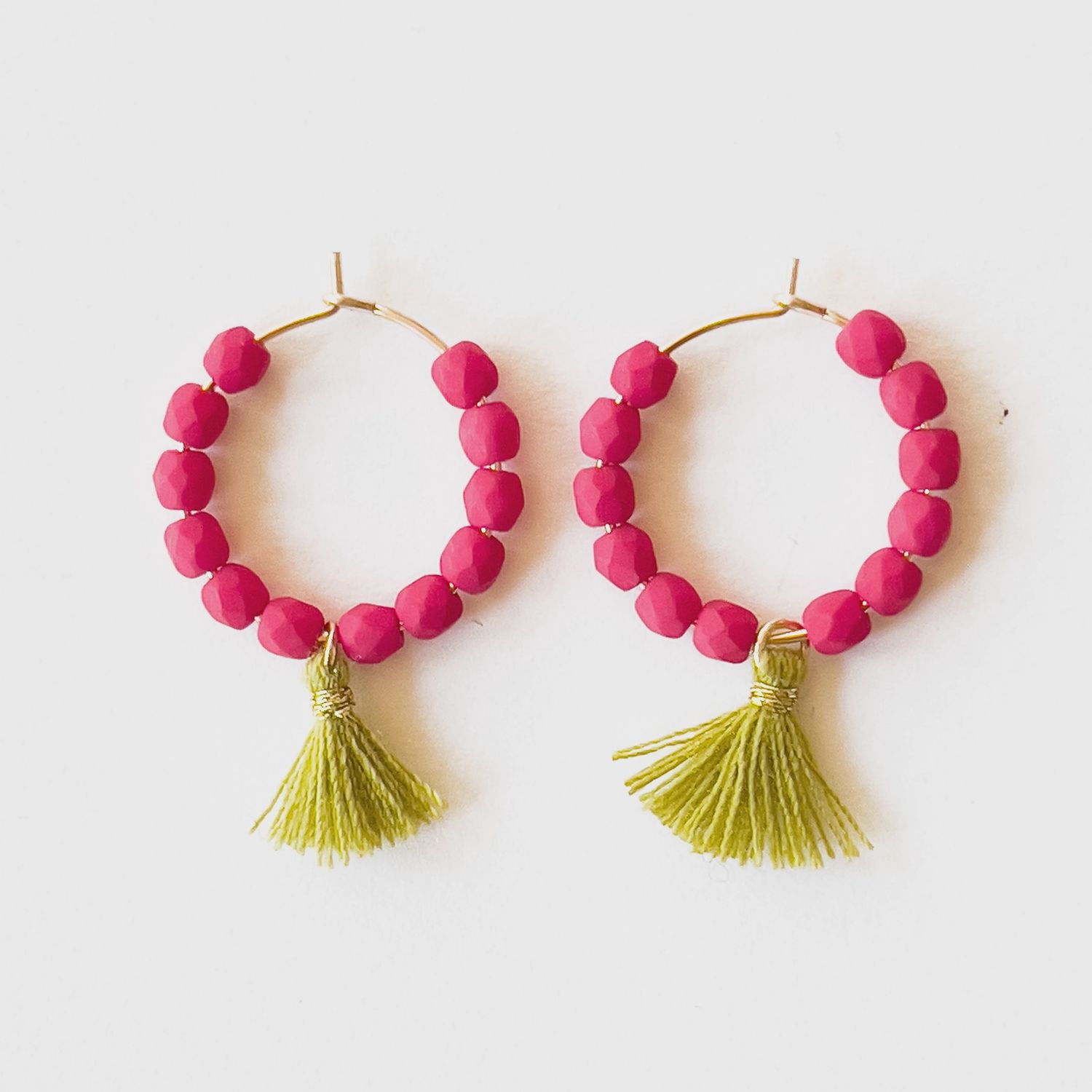 Small Hoop w/ Bead and Tassel, Color: Magenta
