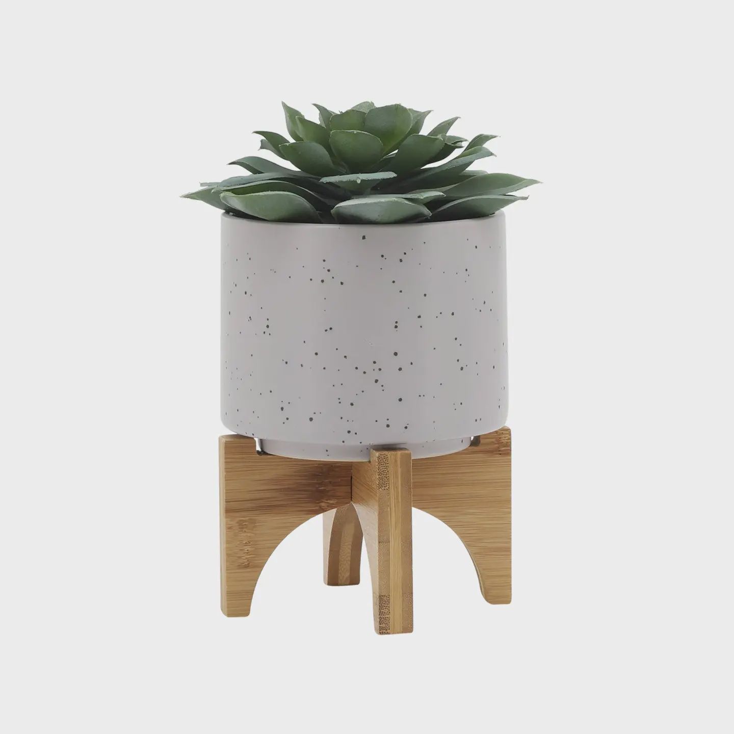 5" Matte Beige Ceramic Speckled Planter with Wood Stand