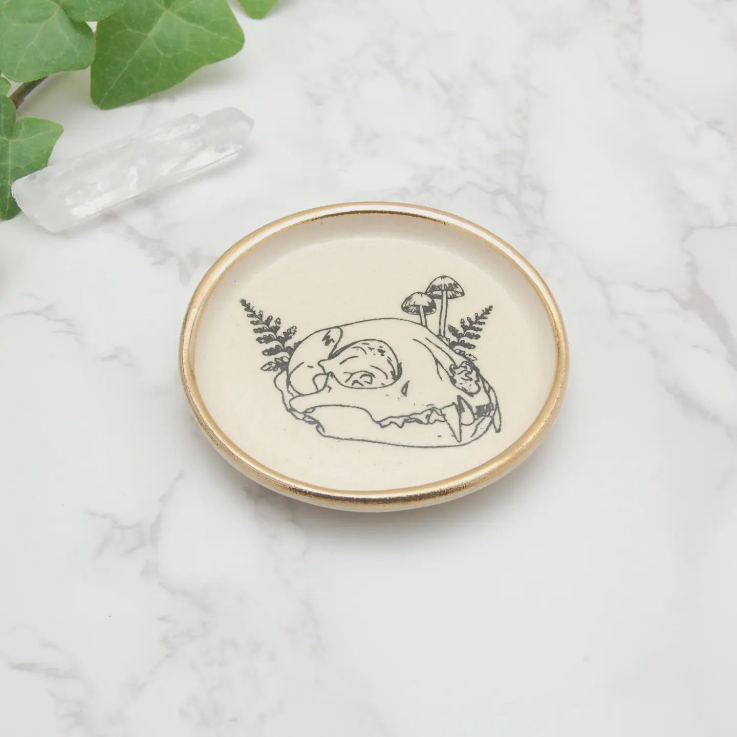 Tiny Decor Dish | Cat skull with Ferns 3"
