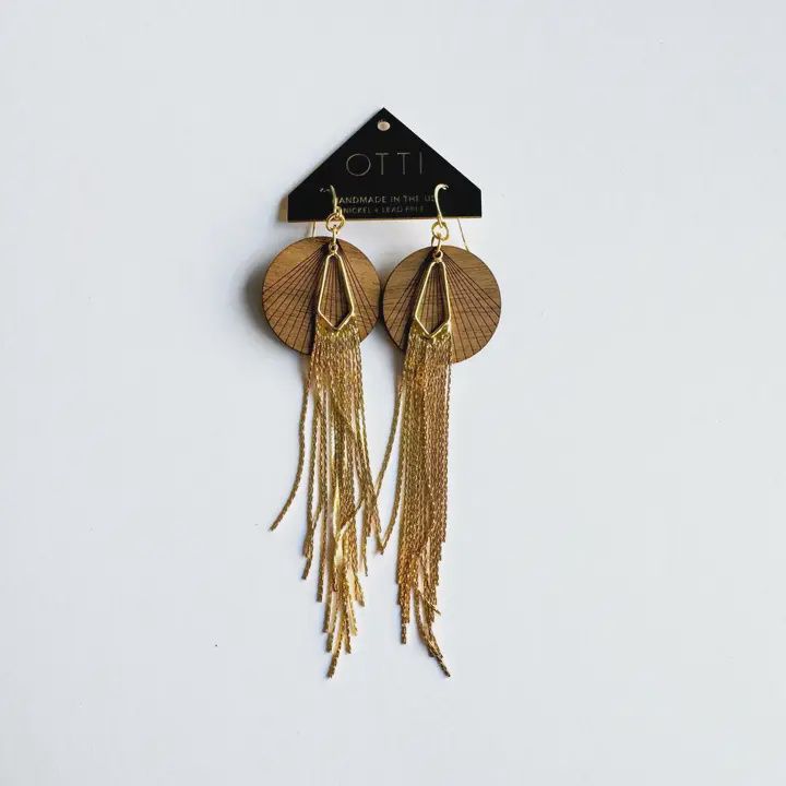 18K Gold Glamour Fringe Earring: Walnut Real Wood Detail