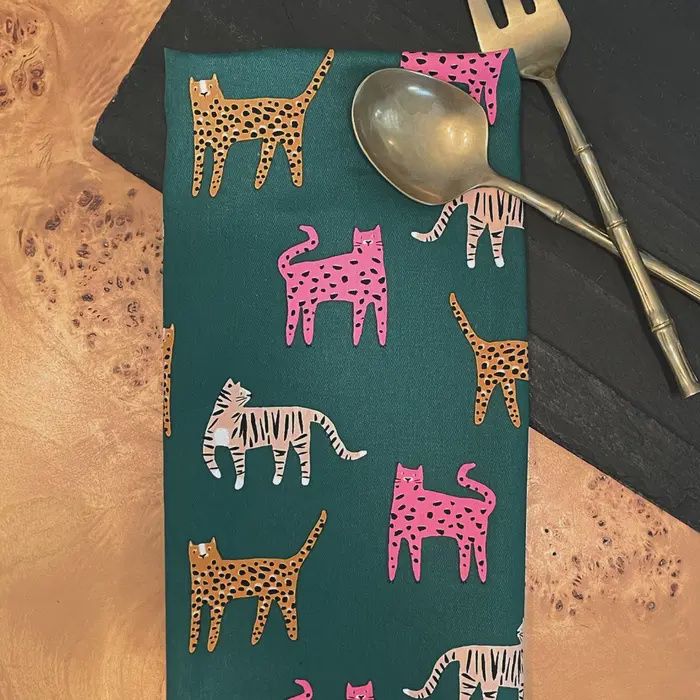 Wild Cats Cotton Tea Towel with Embroidered Detail