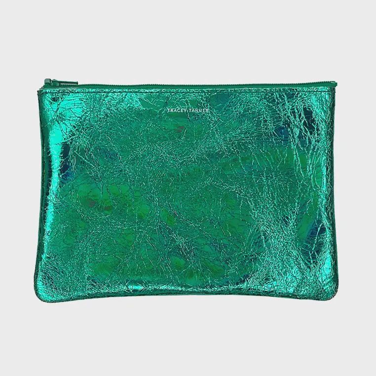 Medium Leather Zip Pouch | Hologram Jade
