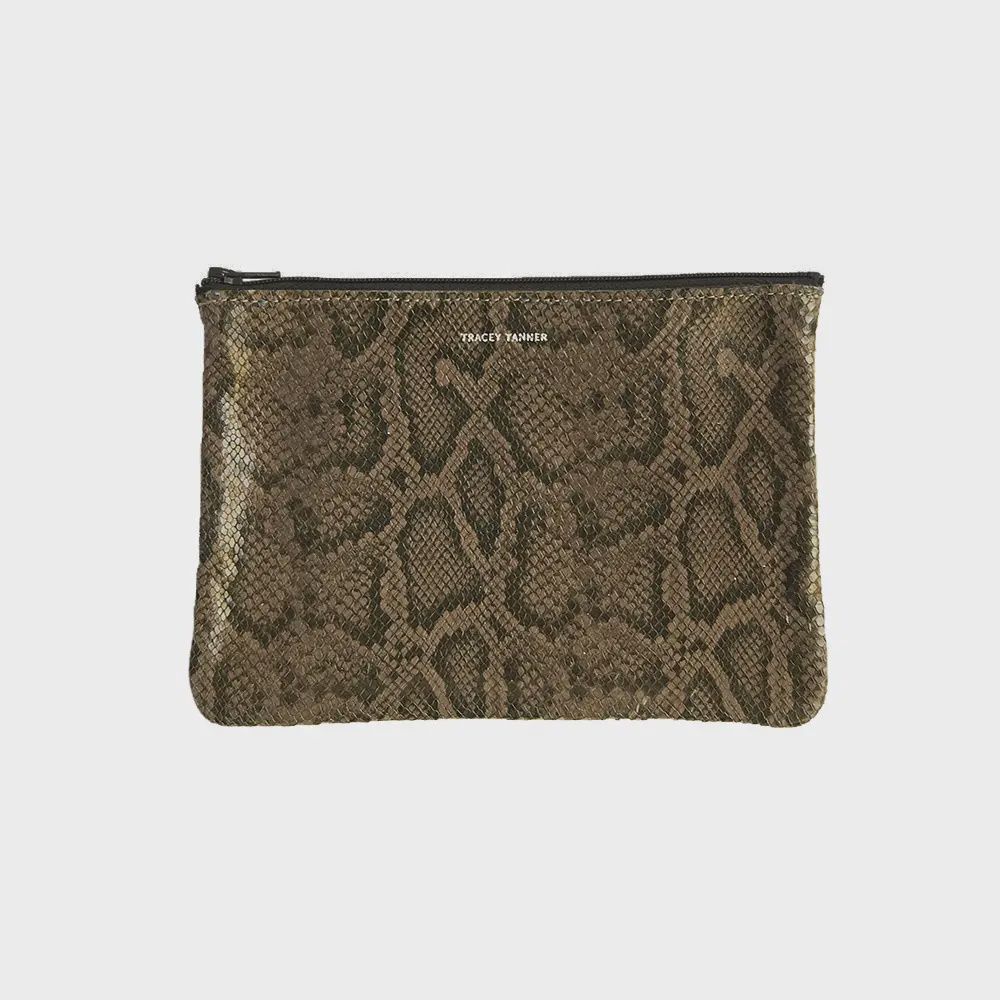 Medium Leather Zip Pouch | Snake Caramel
