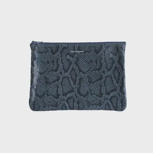 Medium Leather Zip Pouch | Snake Teal
