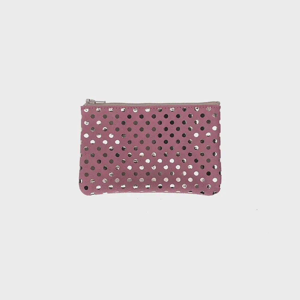 Small Leather Zip Pouch | Foil Polka Dot Rose Platinim