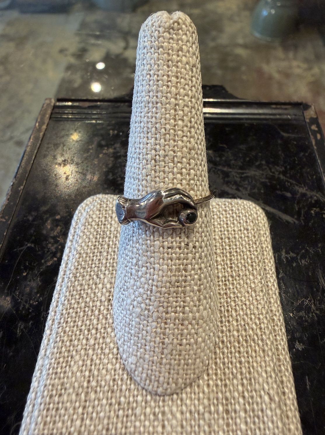 Hand Holding Ball Ring 14K OX SS Black Diamond