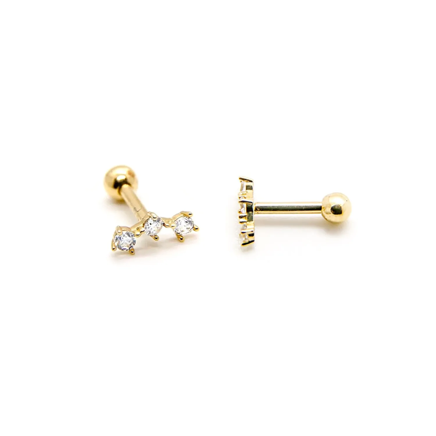 Curved Triple CZ Stone Flat Back Studs | 18k Gold