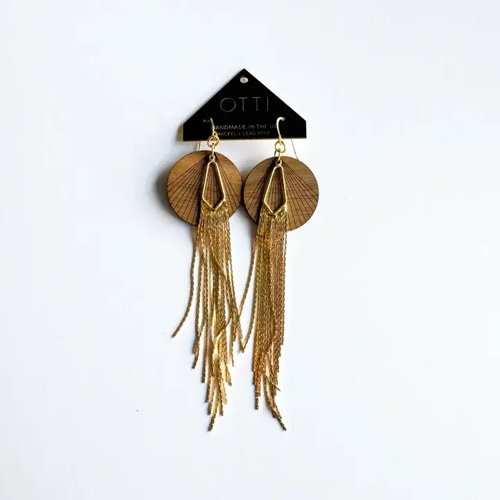 18K Gold Glamour Fringe Earring: Walnut Real Wood Detail