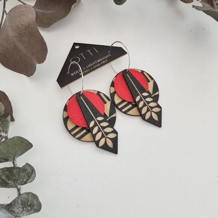 Danish Modern Leather+Birch Earrings, Color: red