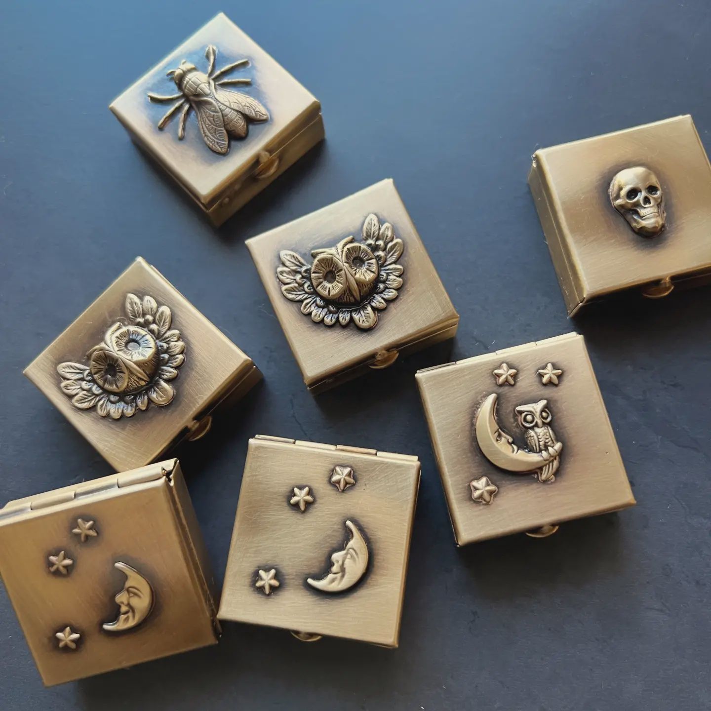 1.25" Square Brass Pill Box with Owl Face &amp; Wings