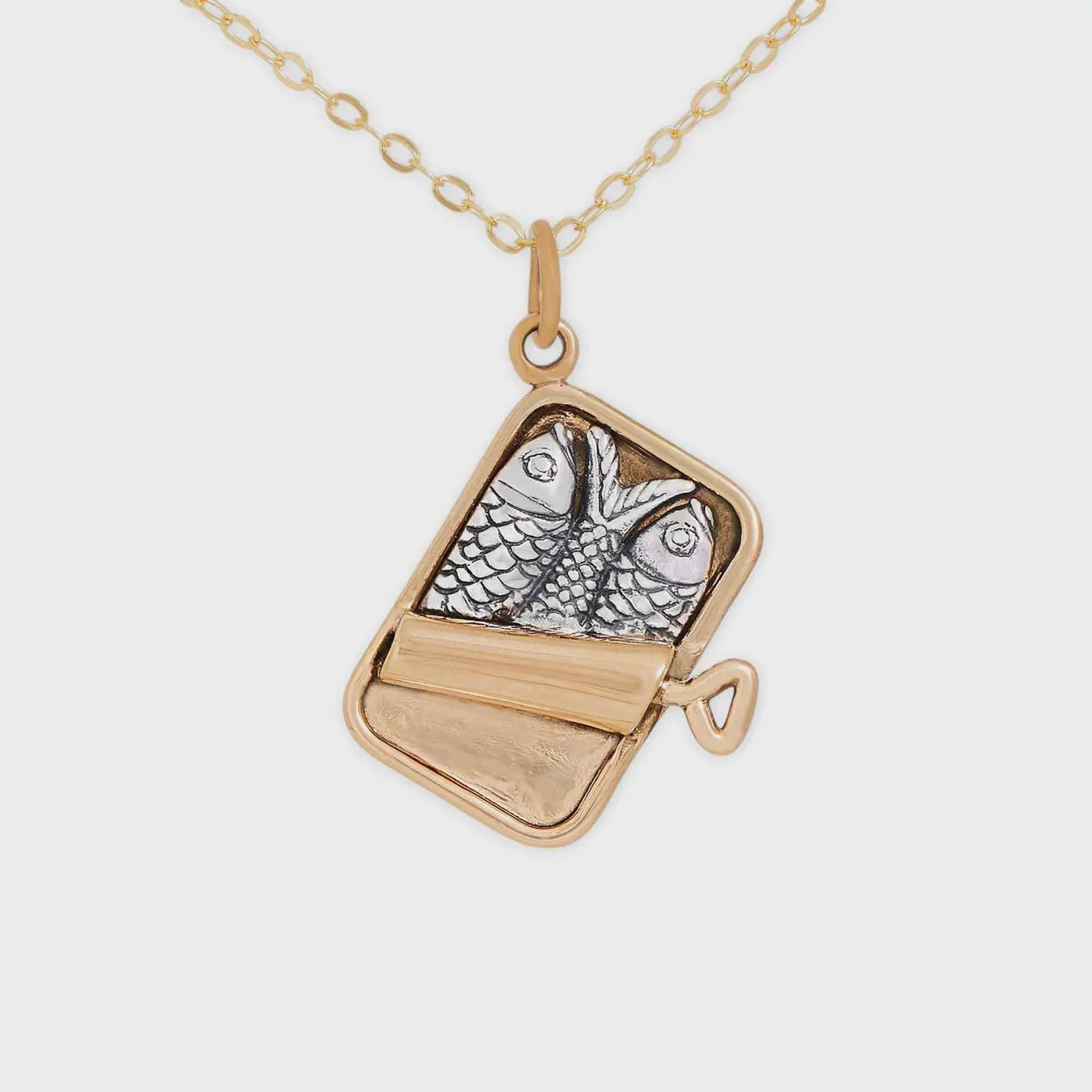 Mixed Metal Sardine Can Necklace with Gold Fill Chain