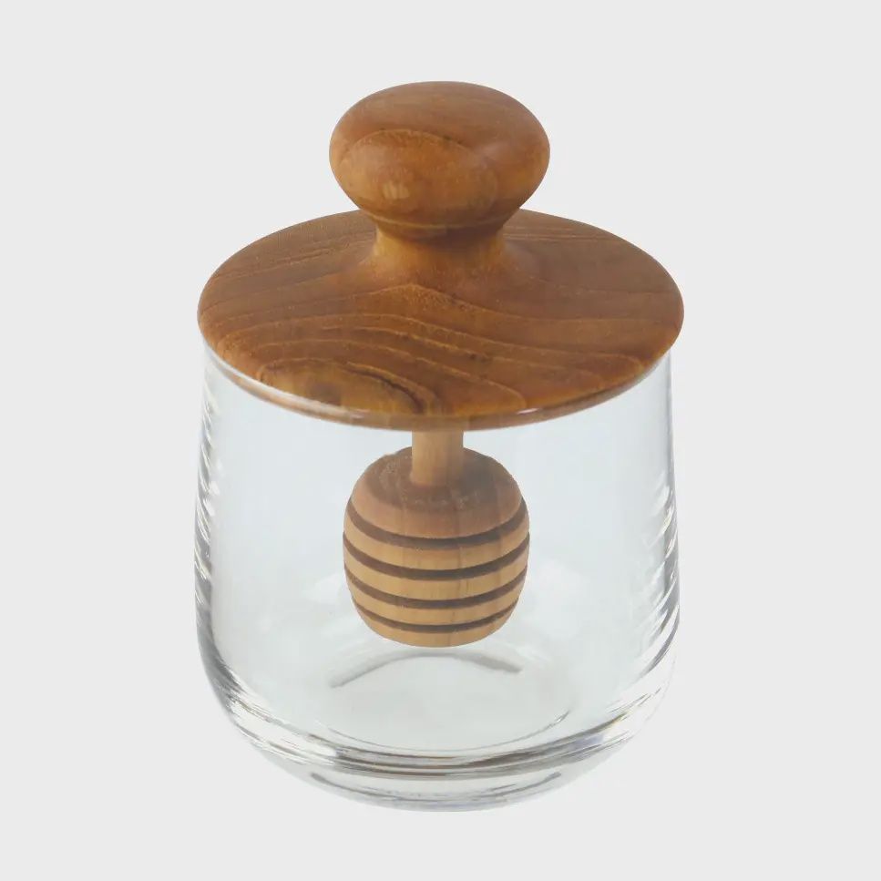 Teak &amp; Glass Honey Jar