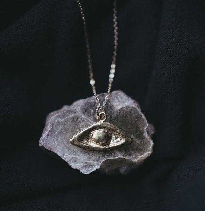 Hand Carved Lost Wax Cast Brass Evil Eye Charm Necklace Talisman Jewelry