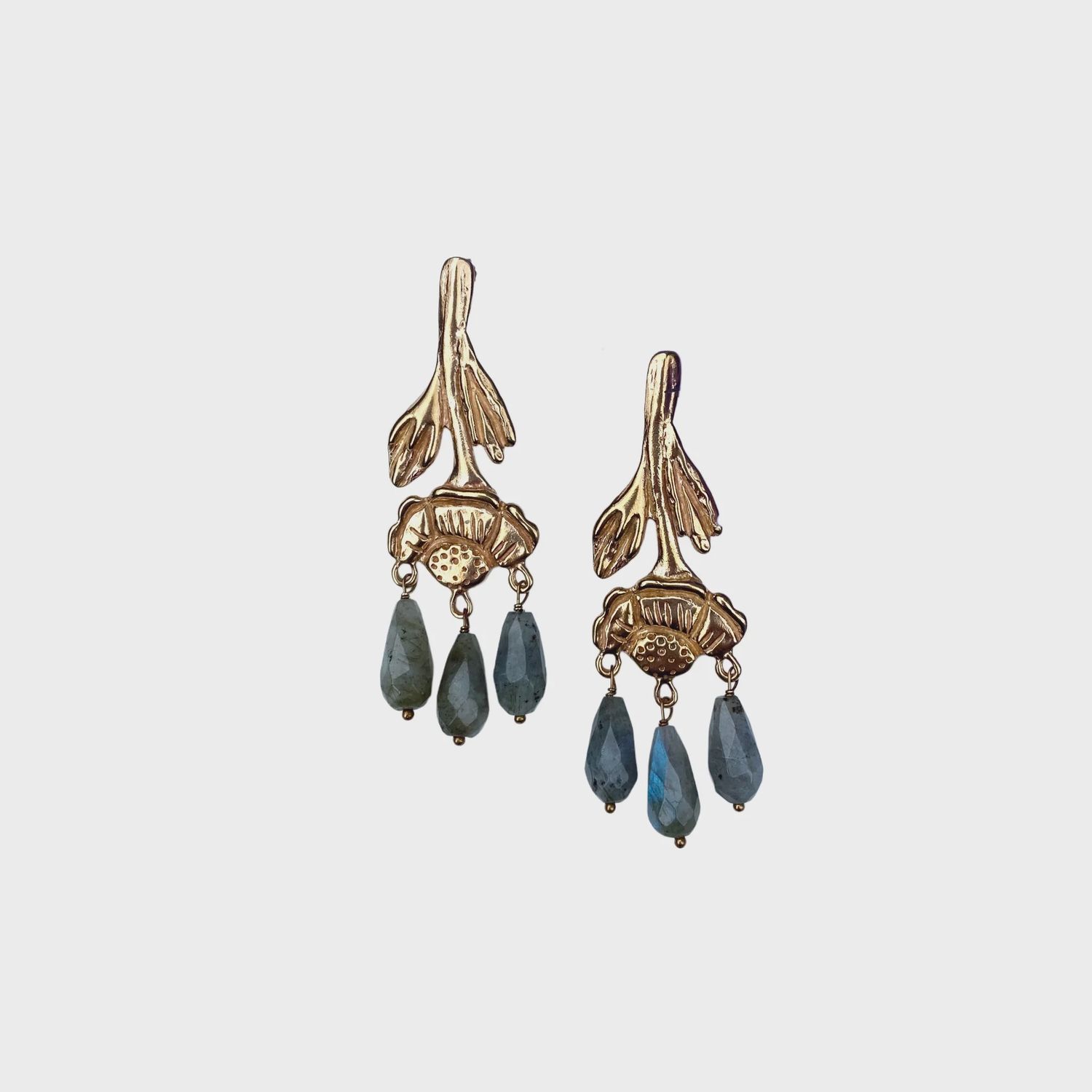 Carved Lost Wax Cast Brass Floral Labradorite Statement Earrings