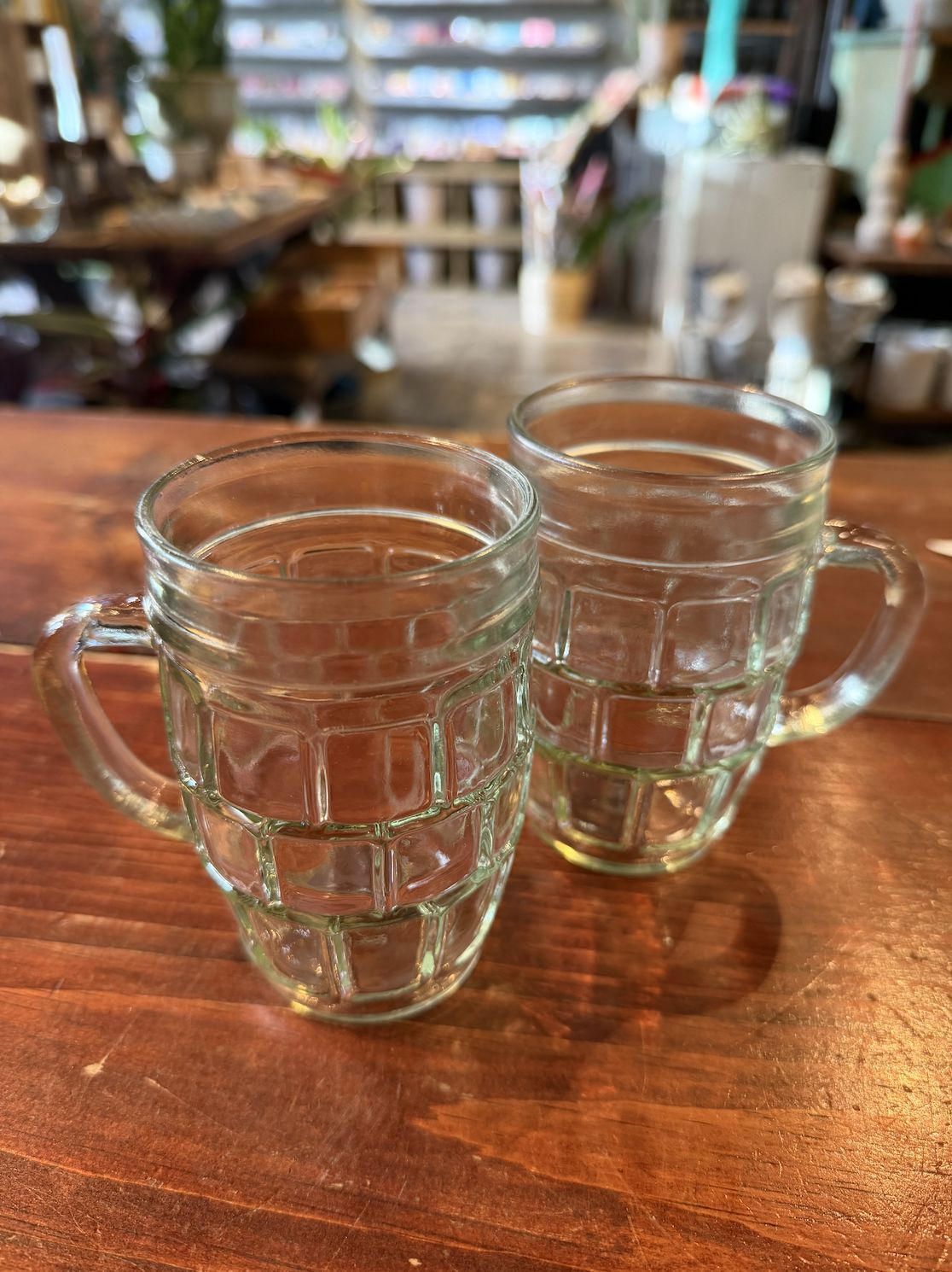 Vintage Green Glass Barrel Mugs [set of 2]
