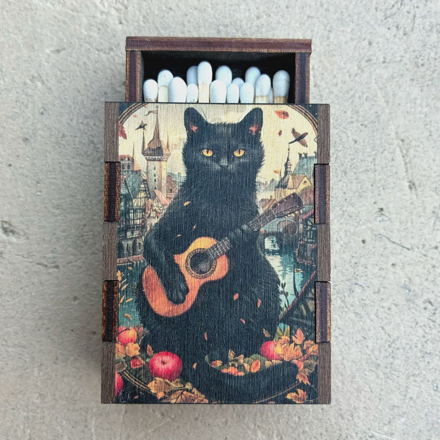Black Cat with Guitar Wooden Matchbox