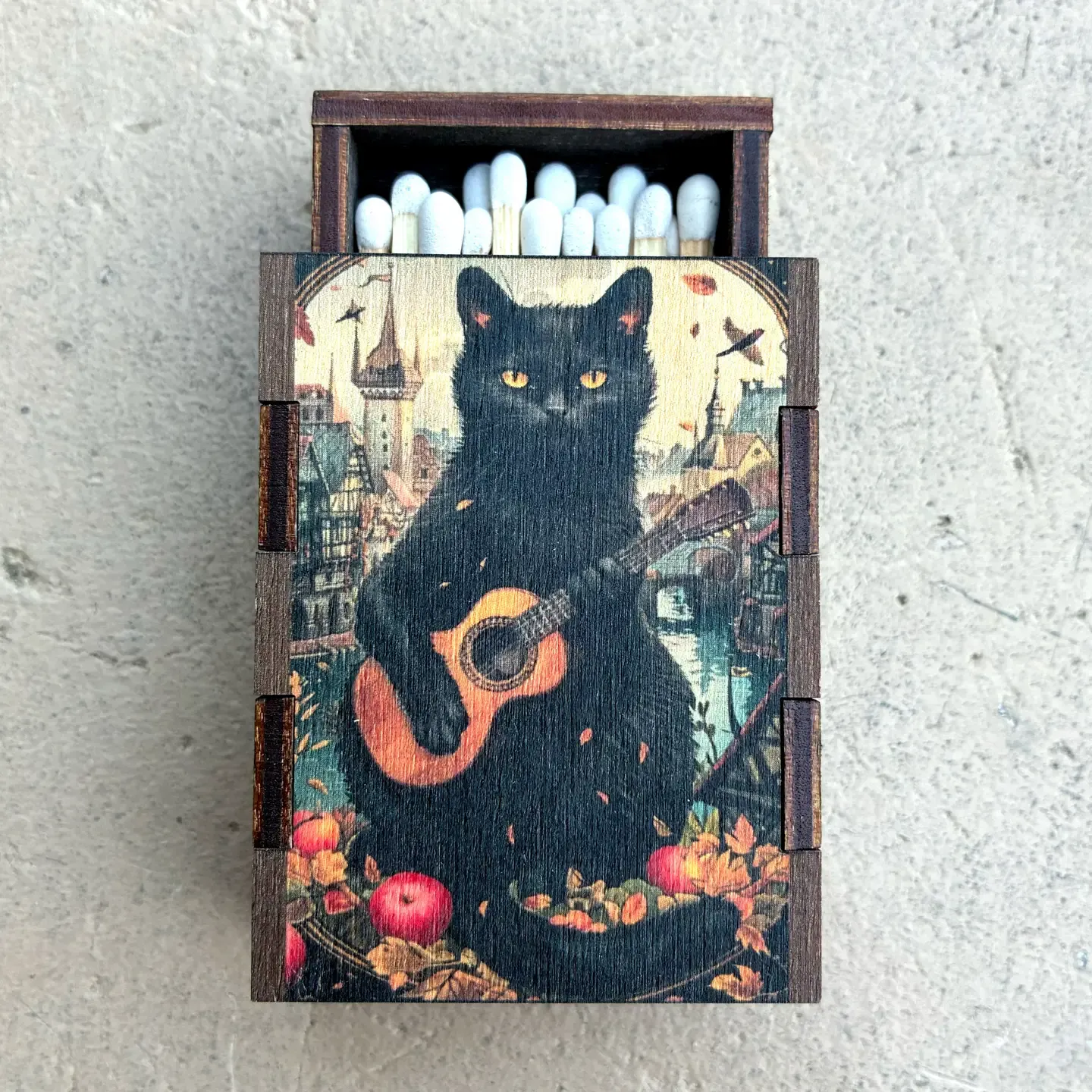 Black Cat with Guitar Wooden Matchbox