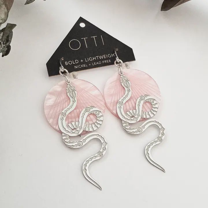 Silver Snake Earrings with Pink Pearl