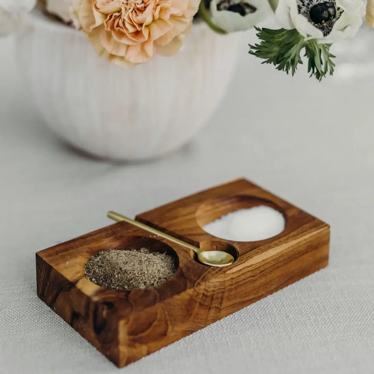 Teak Plank Salt &amp; Pepper Cellar with Gold Spoon