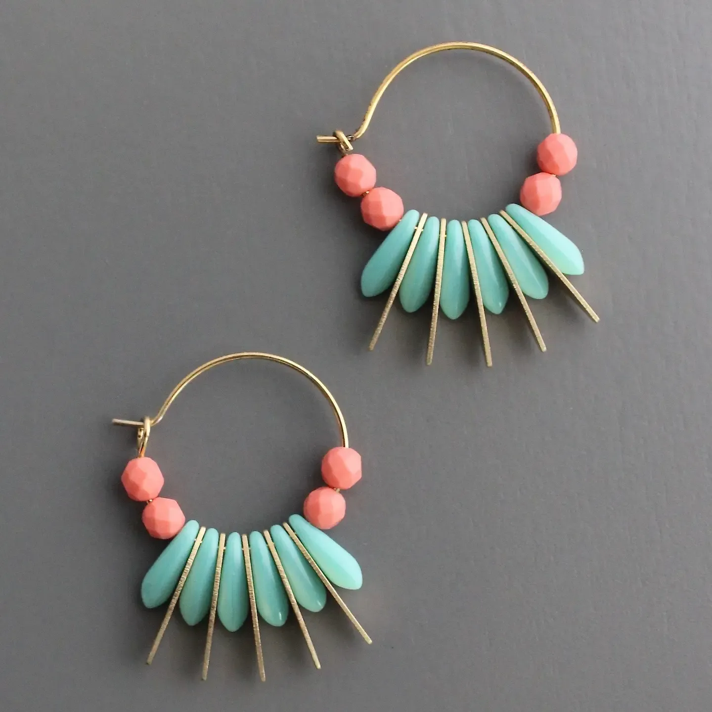 Turquoise &amp; Pink Glass Bead Hoop Earrings