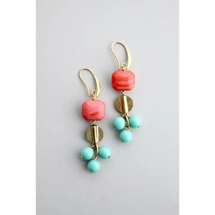 Salmon &amp; Turquoise Glass Bead Drop Earrings