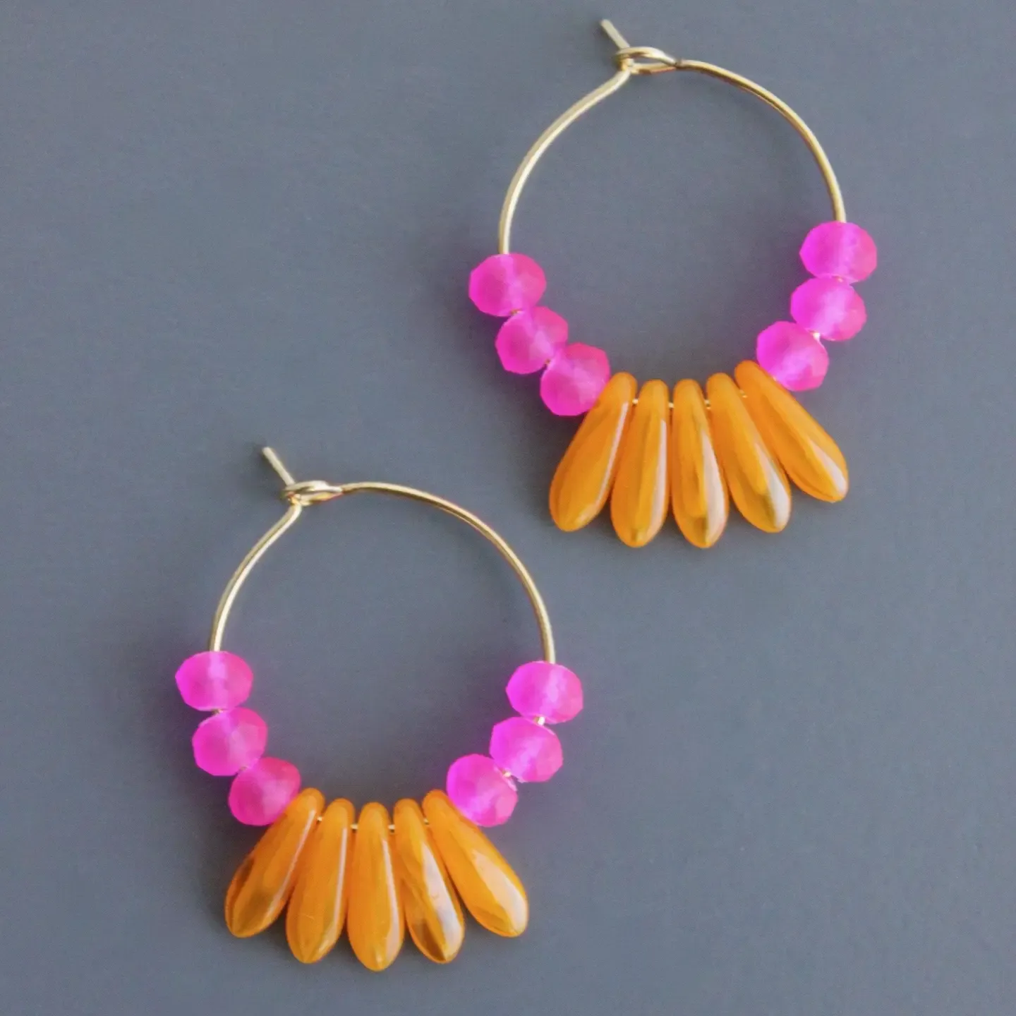 Pink &amp; Orange Czech Glass Bead Hoops