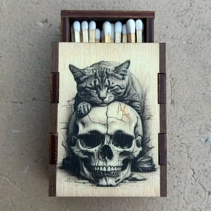 Cat on Skull Wooden Matchbox