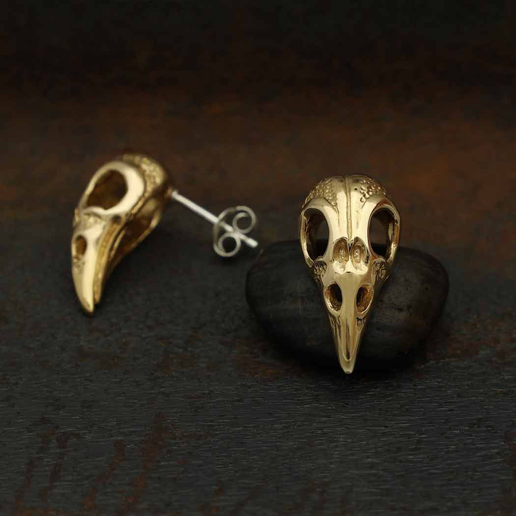 Raven Skull Post Earrings, Material: bronze