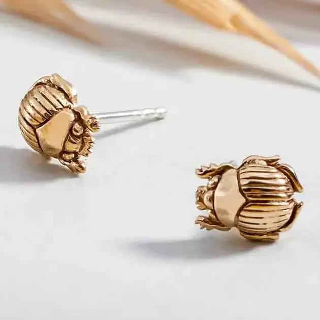 Scarab Post Earrings, Material: Bronze