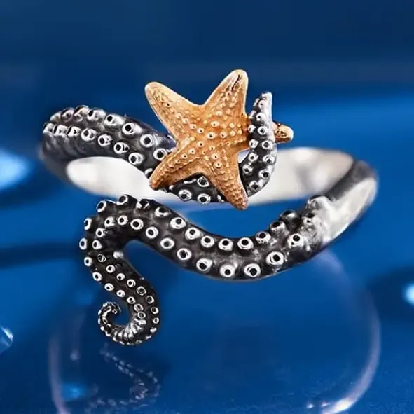 Sterling Silver Adjustable Octopus Ring with Bronze Starfish