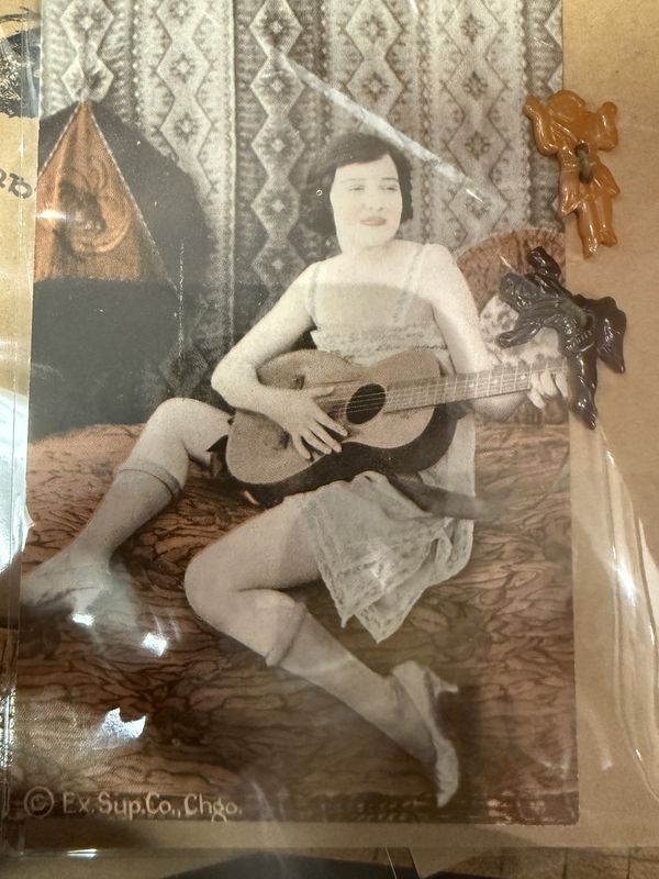 1920 Girly Arcade Card w/ Guitar and Bakelite Button Dancers