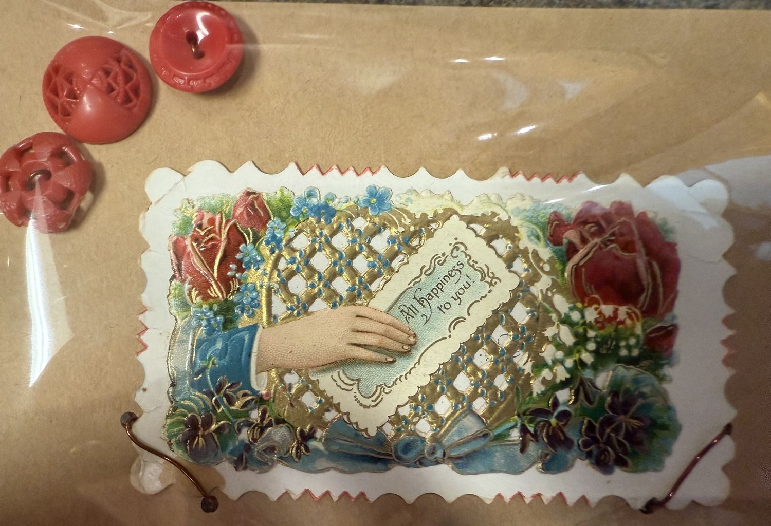 Victorian Calling Card and 3 Red Vintage Buttons