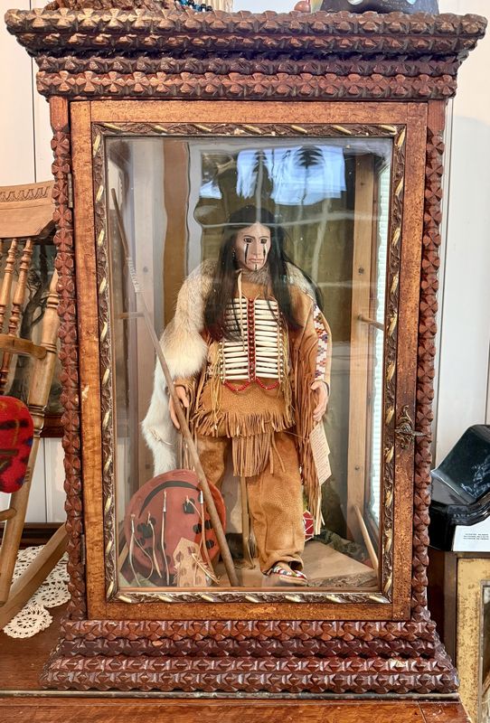Folk Art Tramp Art Wood Glass Cabinet
