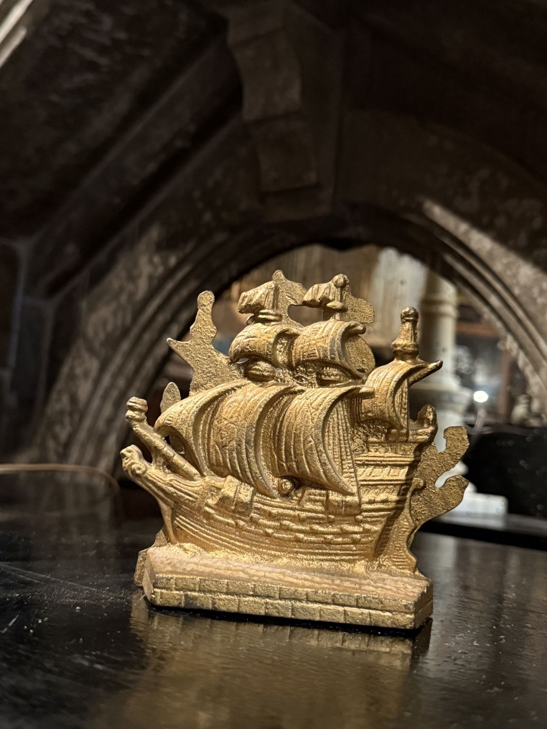 Pair Gold Ship Bookends