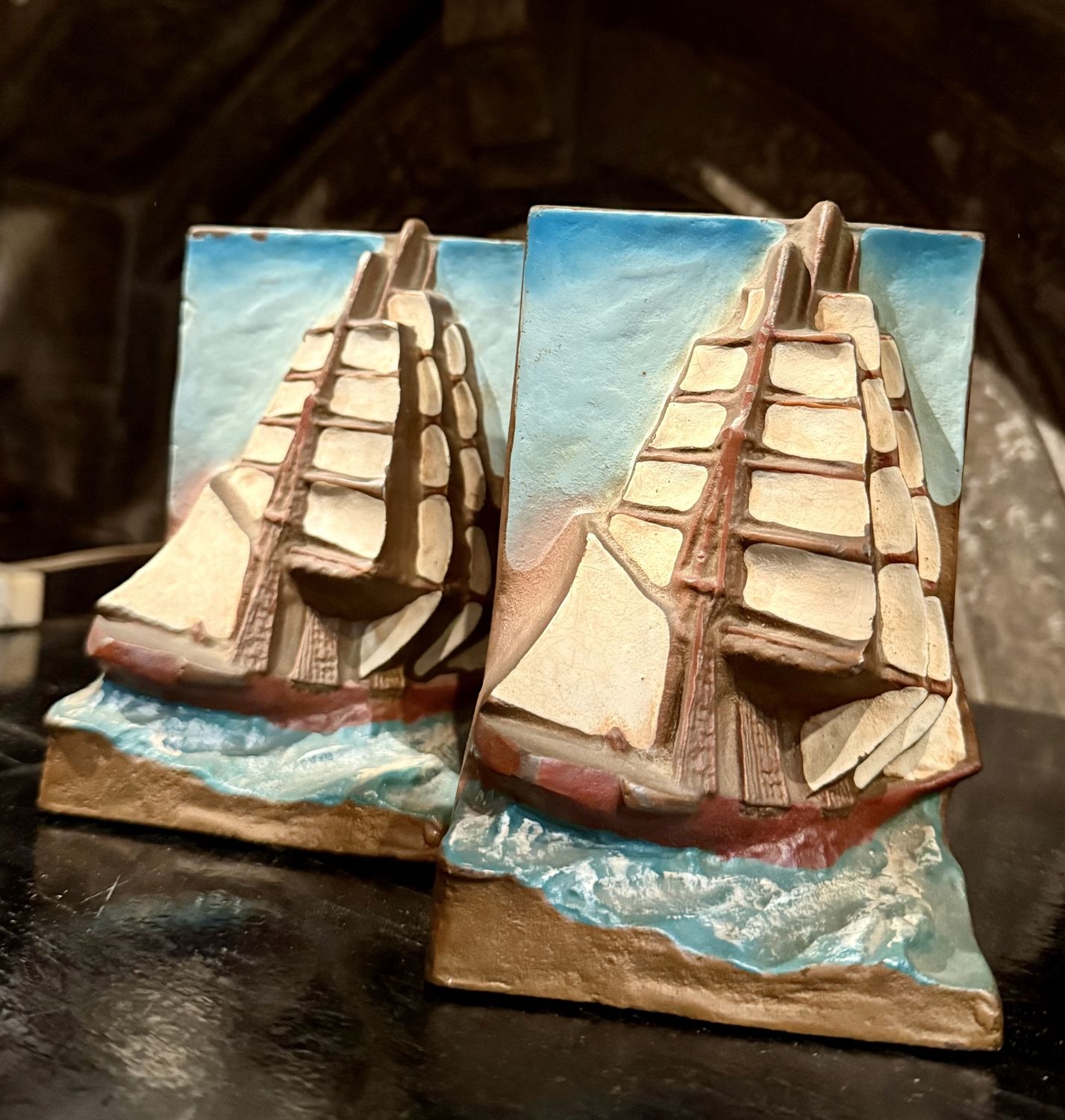 Masted Ship Painted Iron Bookends
