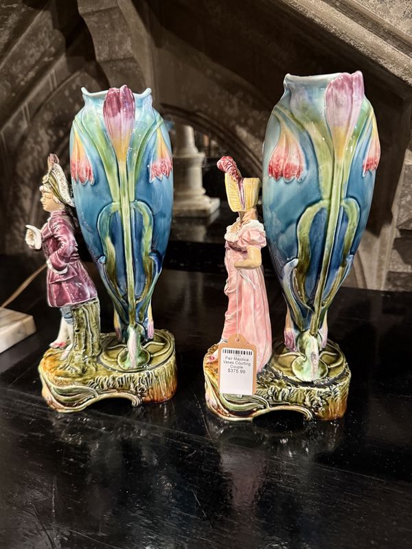 Pair Majolica Vases Courting Couple