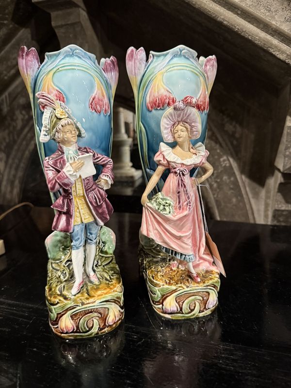 Pair Majolica Vases Courting Couple