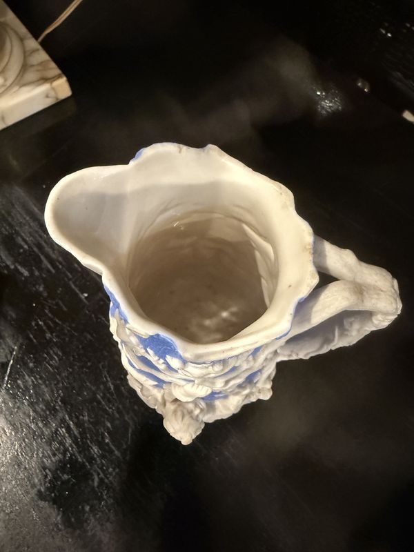 C 1850 Bisque Pitcher Tree Climbing Scene