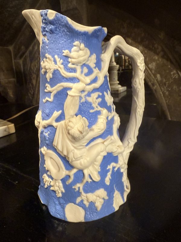 C 1850 Bisque Pitcher Tree Climbing Scene