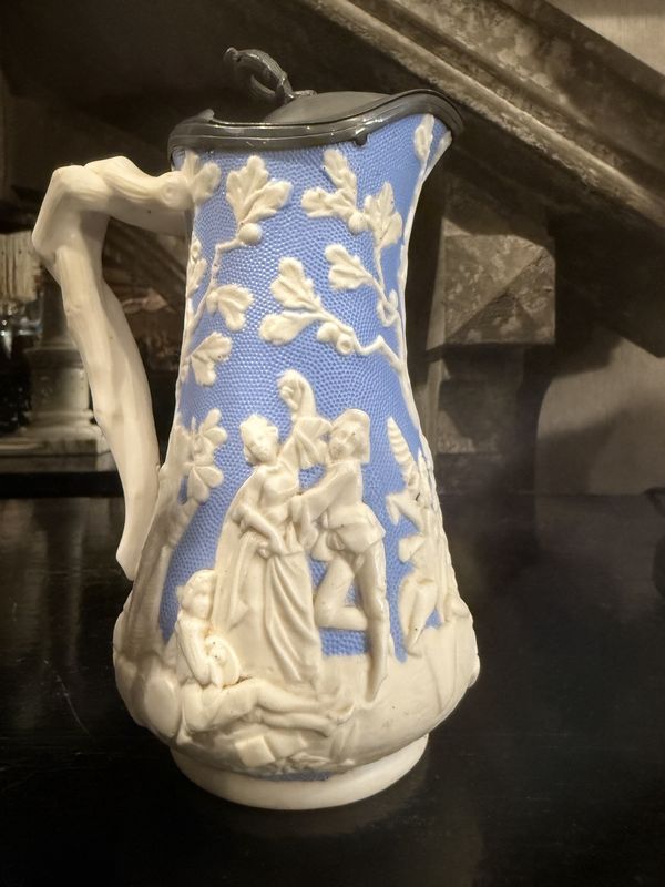 Victorian English Bisque Blue &amp; White Pitcher Zinc Lid