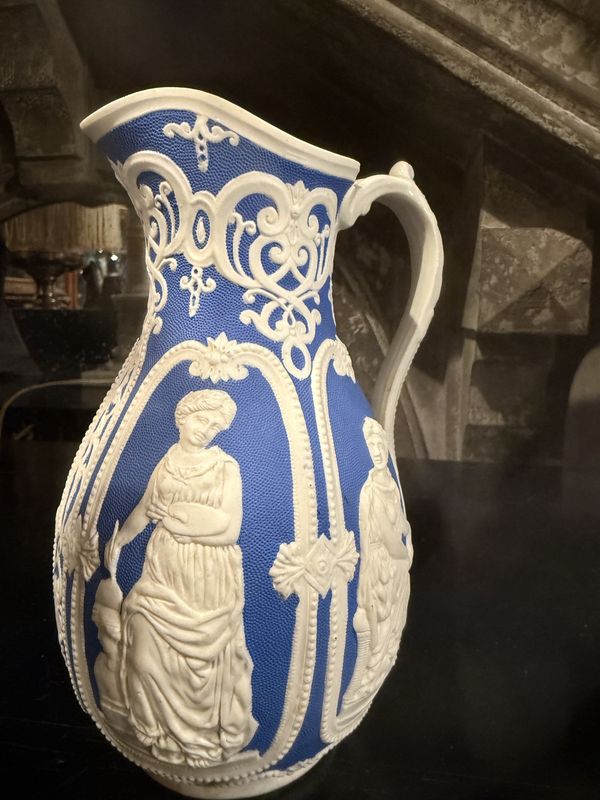 Victorian English Bisque Blue &amp; White Pitcher