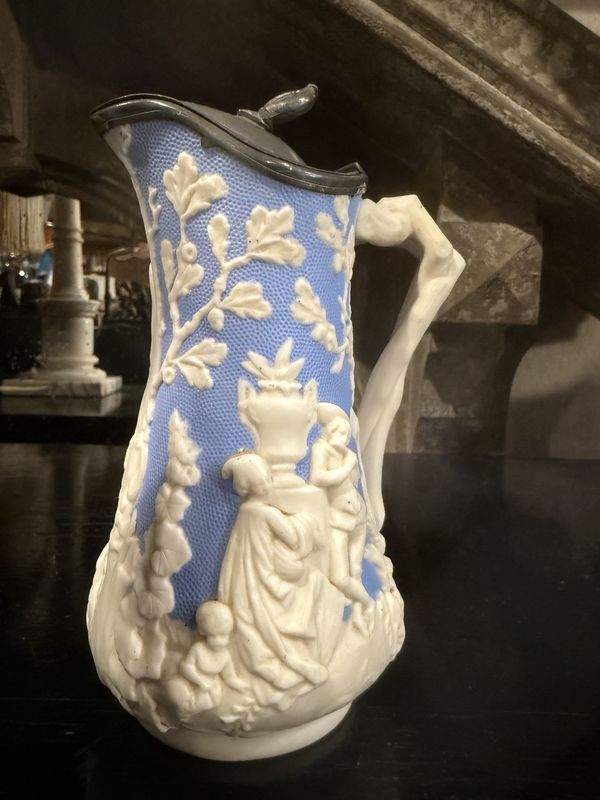 Victorian English Bisque Blue &amp; White Pitcher Zinc Lid