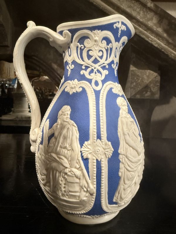 Victorian English Bisque Blue &amp; White Pitcher