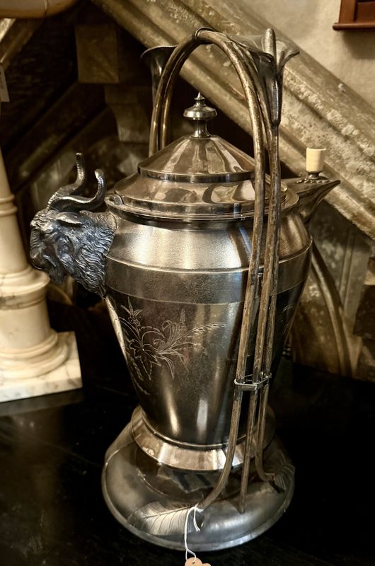 Victorian Tip Pitcher Porcelain Lined Silver Plate Figural Goat Head