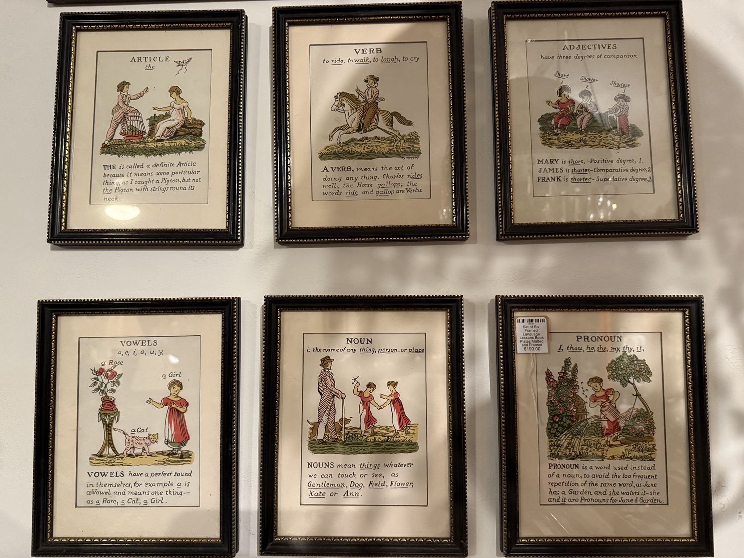 Set Six Matted and Framed Antique Plates English Lessons