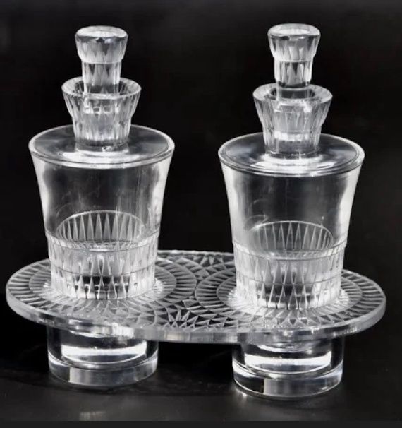 Vintage LALIQUE Oil and Vinegar Cruet BOURGUEIL Pattern - Oil and Vinegar Bottles in Stand